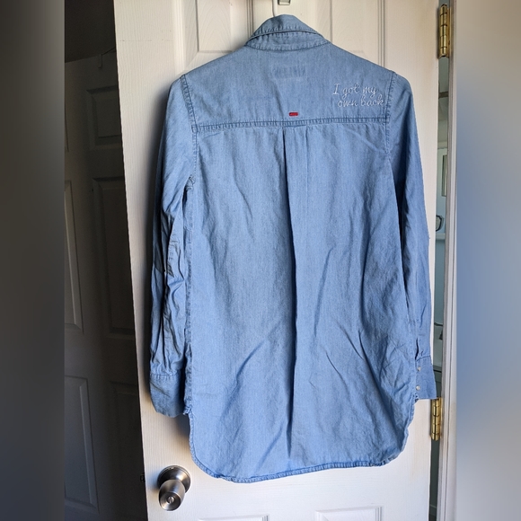 CASTRO JEANS🔥 Denim Chambray Western Button-up Top Embroidered Quotes 6 Euro 38 - Picture 4 of 8